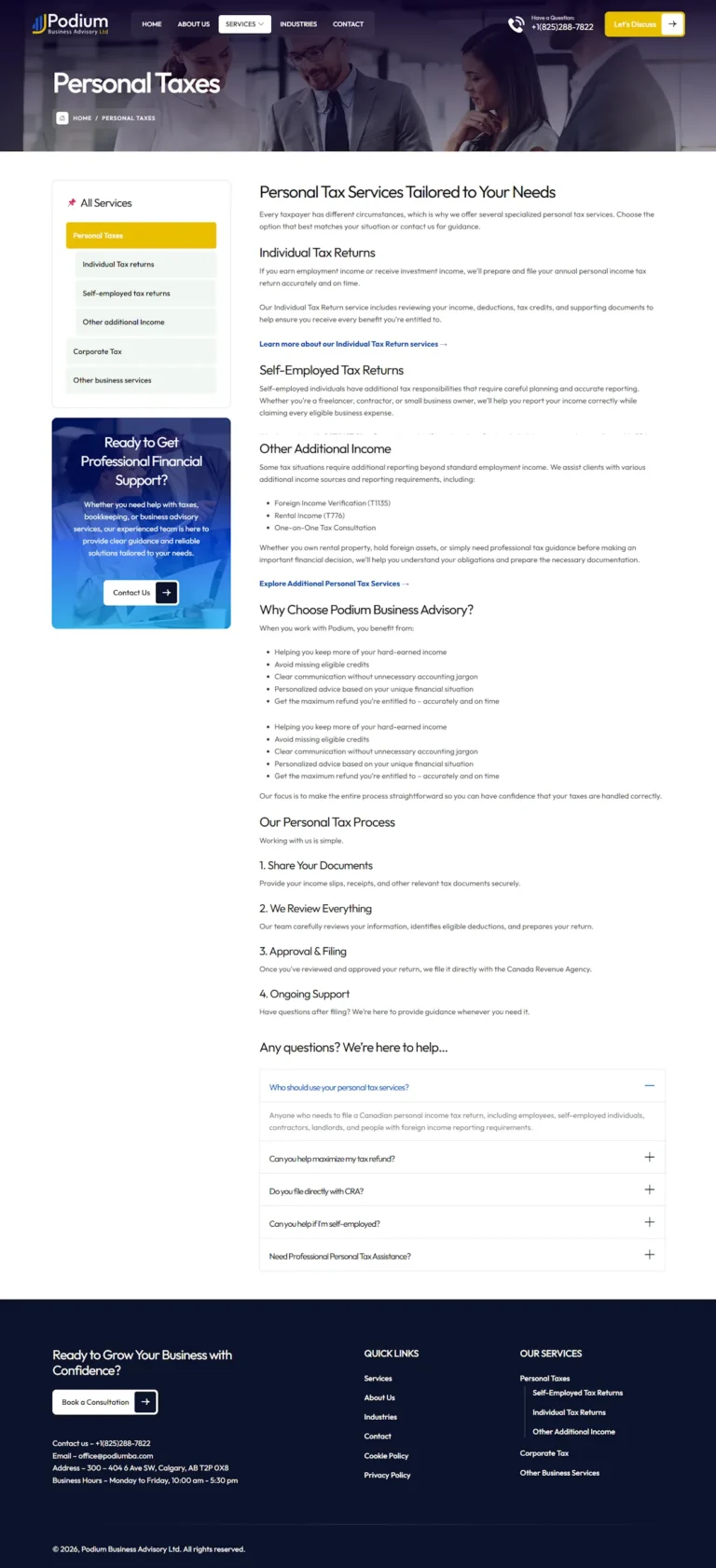 Сторінка бухгалтерських послуг Podium Business Advisory